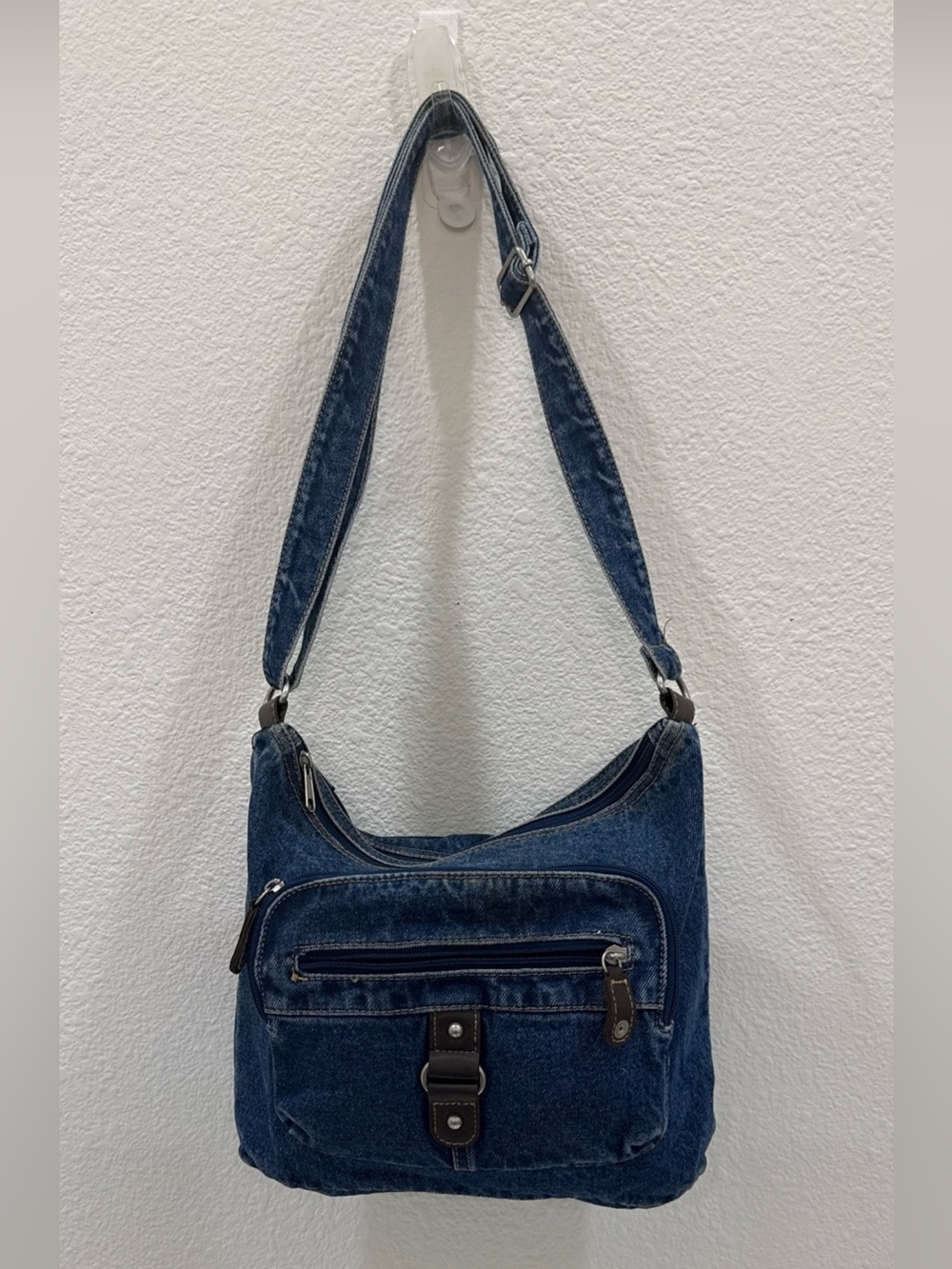 VTG Y2K Denim Crossbody Purse Bag Dark Wash Brown Trim Double Zipper Medium